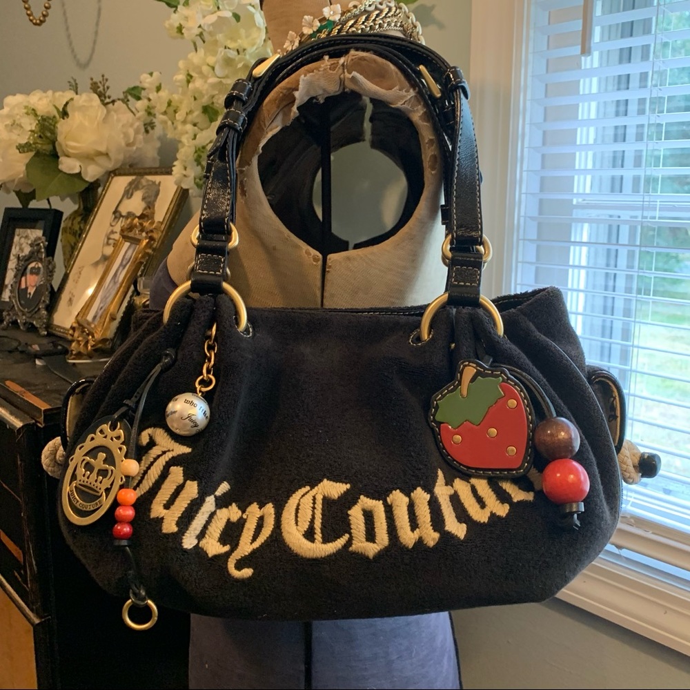 Juicy Couture Strawberry Fields Black Terry Shoulder Bag